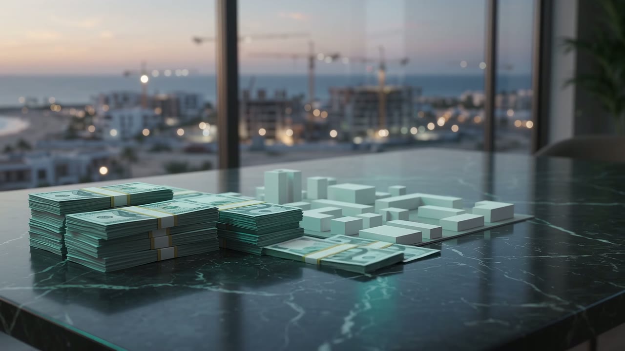 Stacks of banknotes beside architectural blocks representing disciplined investment growth